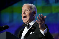 President Joe Biden laughs as he listens to Trevor Noah, host of Comedy Central’s “The Daily Show,” speak at the annual White House Correspondents' Association dinner, Saturday, April 30, 2022, in Washington. (AP Photo/Patrick Semansky)