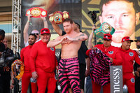 Las Vegas (United States), 06/05/2022.- Saul 'Canelo' Alvarez of Mexico arrives on stage for his weigh-in prior to his WBA light heavyweight championship title fight against and Dmitry Bivol of Russia in Las Vegas, Nevada, 06 May 2022. The WBA light heavyweight championship title fight opposing Saul 'Canelo' Alvarez of Mexico and Dmitry Bivol of Russia is schedule on 07 May 2022, at the T-Mobile Arena in Las Vegas. (Rusia, Estados Unidos) EFE/EPA/ETIENNE LAURENT