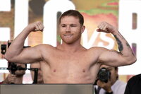 Las Vegas (United States), 06/05/2022.- Saul 'Canelo' Alvarez of Mexico attends his weigh-in prior to his WBA light heavyweight championship title fight against Dmitry Bivol of Russia in Las Vegas, Nevada, 06 May 2022. The WBA light heavyweight championship title fight opposing Saul 'Canelo' Alvarez of Mexico and Dmitry Bivol of Russia is scheduled on 07 May 2022, at the T-Mobile Arena in Las Vegas. (Rusia, Estados Unidos) EFE/EPA/ETIENNE LAURENT