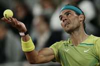 Spain's Rafael Nadal clenches his fist after scoring a point against Serbia's Novak Djokovic during their quarterfinal match at the French Open tennis tournament in Roland Garros stadium in Paris, France, Tuesday, May 31, 2022. (AP Photo/Christophe Ena)