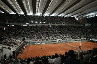 View of center court Philippe Chatrier with it's roof closed during the the semifinal match between Spain's Rafael Nadal, left, and Germany's Alexander Zverev at the French Open tennis tournament in Roland Garros stadium in Paris, France, Friday, June 3, 2022. (AP Photo/Thibault Camus)