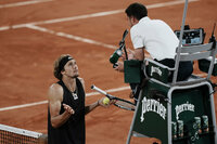 Germany's Alexander Zverev argues with chief umpire Renaud Lichtenstein of France during the semifinal match against Spain's Rafael Nadal at the French Open tennis tournament in Roland Garros stadium in Paris, France, Friday, June 3, 2022. (AP Photo/Thibault Camus)