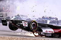 Silverstone (United Kingdom), 03/07/2022.- Chinese Formula One driver Guanyu Zhou of Alfa Romeo Racing crashes during the Formula One Grand Prix of Britain at the Silverstone Circuit, Silverstone, Britain, 03 July 2022. (Fórmula Uno, Reino Unido, Roma) EFE/EPA/CHRISTIAN BRUNA