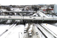 The area where Interstate 5 and I-84 meet up is covered in snow on Thrusday, Feb. 23,2023 in Portland, Ore. Portland received nearly a foot of snow Wednesday.  (Dave Killen /The Oregonian via AP)