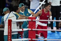 Silver medalist Mexico's Marco Verde poses during a medals ceremony for the men's 71 kg final boxing match at the 2024 Summer Olympics, Friday, Aug. 9, 2024, in Paris, France. (AP Photo/Ariana Cubillos)