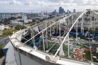 The roof of the Tropicana Field is damaged the morning after Hurricane Milton hit the region, Thursday, Oct. 10, 2024, in St. Petersburg, Fla. (AP Photo/Julio Cortez)