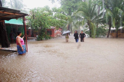 Habitantes de la provincia de Puntarenas resultaron afectados ayer, por las inundaciones debido a las fuertes lluvias que azotan esa zona a causa de la tormenta tropical Alma. (EFE)