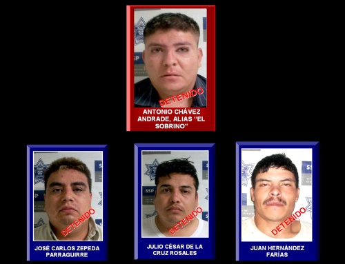 Elementos de la Policía Federal. Elementos de la Policía Federal detienen a Antonio Chávez Andrade alías “El sobrino”, José Carlos Zepeda, Julio César de la Cruz y Juan Hernández, presuntos integrantes de la organización criminal “La Familia Michoacana”. (El Universal)