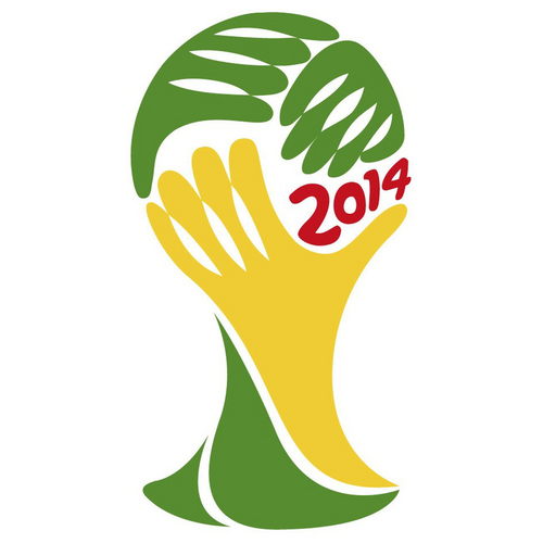 El logotipo del Mundial de Brasil 2014, una figura estilizada de la Copa del Mundo formada por tres manos de colores verde y amarillo. Registran el logo de Brasil 2014