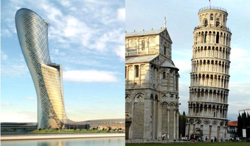 El edificio, de 160 metros de alto y 35 pisos, tiene una inclinación de 18 grados. 