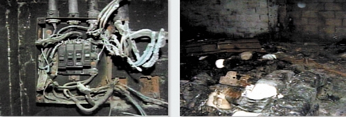 Evidencia. El experto Dave Smith utilizó la metodología y principios reconocidos por la Asociación Internacional de Protección del Fuego y establecidos en el Protocolo para Investigar la Escena del Fuego. Interruptores de energía estaban en posición 'Off' (imagen superior). Se encontraron 'patentes irregulares' en las cajas con papel compactado (imagen inferior).