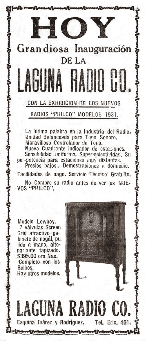 Sala de exhibición de Cimaco en los años 30, en su local de avenida Juárez y calle Rodríguez. 