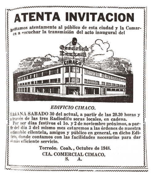 Invitación de Cimaco a oír la transmisión de la ceremonia inaugural del nuevo edificio, en el año de 1948.