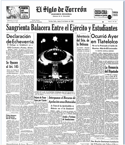 En primera plana. Portada de El Siglo de Torreón el tres de octubre de 1968.