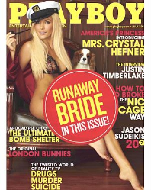 En la portada de la edición de julio se colocarán estampas sobre la imagen de Crystal Harris, quien cambió de parecer y canceló su boda con Hugh Hefner.