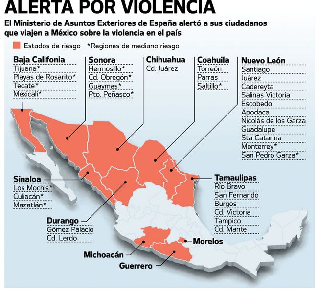 Señala España zonas de riesgo en México