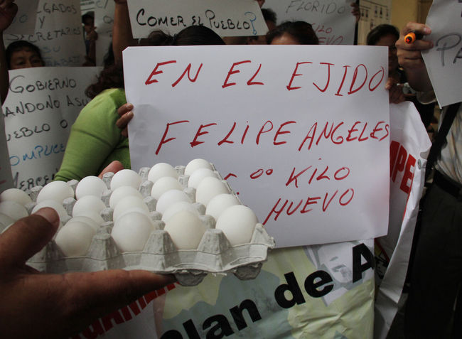 Protestas. Miembros de la Organización de Defensa Campesina (ODC) llevaron carteras de huevos a su manifestación. 