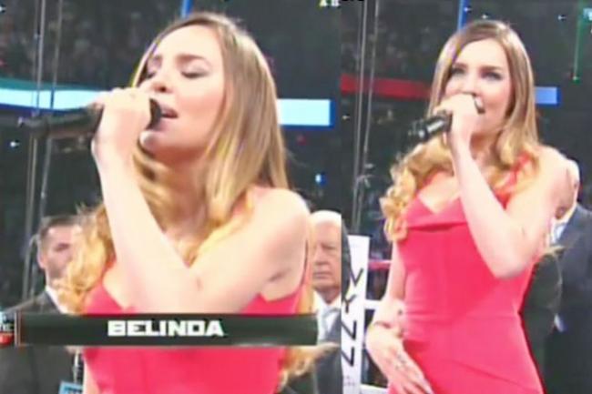 Belinda canta sin errores el Himno Nacional en el box