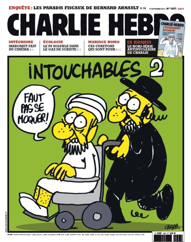 Los cartones, que tienen un antecedente en la misma publicación en 2006 y noviembre pasado, son presentados bajo una portada en la cual un musulmán es llevado en silla de ruedas por un judío ortodoxo bajo el título de 'Intocables 2'. (ESPECIAL) 
