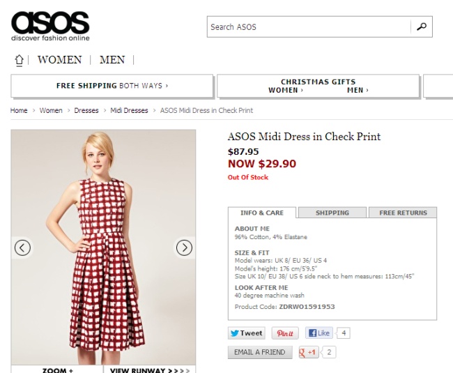 El vestido de colores rojo y blanco aparece en el sitio web como ya agotado.

