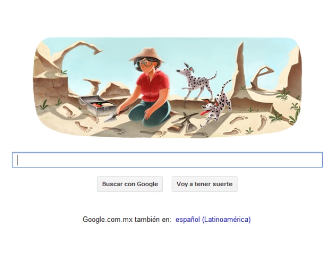 En la página de inicio de Google se puede ver a la antrópologa británica en una escena de excavación arqueológica acompañada por dos dálmatas y en la parte trasera se aprecian las letras de Google con forma de roca.