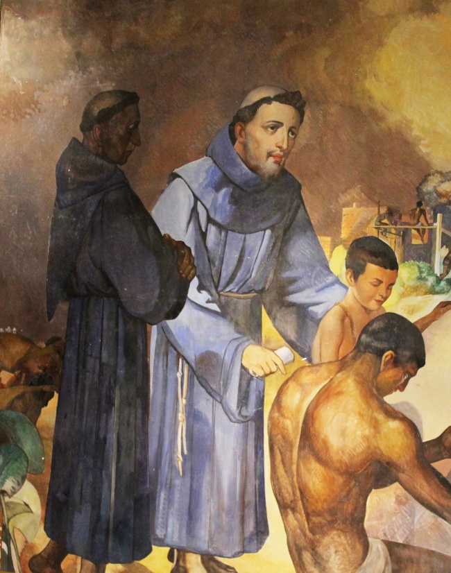 Los franciscanos enseñando a los indios. Mural del maestro Francisco Montoya en la presidencia municipal de Durango.