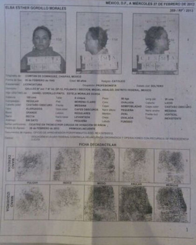 Por la red. Comenzó a circular la ficha signalética de Elba Esther Gordillo, quien fue detenida el martes, en la que aparece fotografiada, de frente y perfil con la pizarra de detención, así como sus datos personales y sus huellas dactilares.