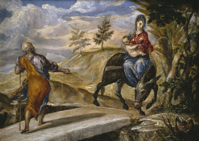 En la obra, “El Greco” ilustra la Huida a Egipto de la “Sagrada Familia” perseguida por Herodes, tal y como es narrada la historia en el Nuevo Testamento (Mateo 1, 13-15). 