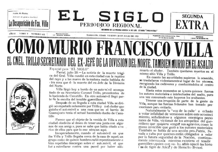Ya por la tarde del 20 de julio de 1923, El Siglo de Torreón imprimió su segundo 'Extra', dando más información sobre el caso de 'Pancho' Villa.
