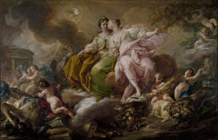 'La justicia y la paz' es una 'alegoría donde la Paz y la Justicia aparecen representadas por sendas figuras femeninas, sentadas sobre un trono de nubes y adornadas con los atributos que les corresponden', según la ficha del Museo del Prado. (MUSEO DEL PRADO)