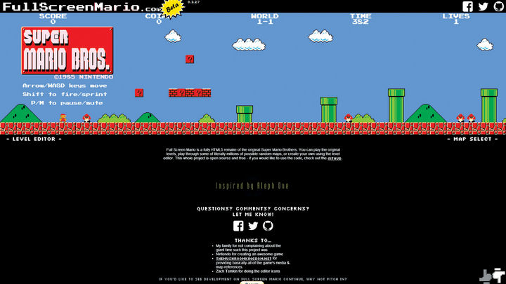 Navegador.  Este desarrollo, llamado 'Full Screen Mario' fue creado por Josh Goldberg y consiste en una versión de HTML 5 totalmente actualizada del 'Super Mario Bros' de los años ochenta. 