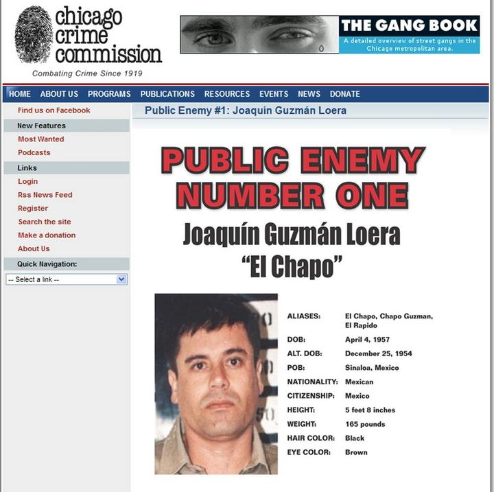 ‘Enemigo’. Cartel de la Comisión del Crimen de Chicago que muestra al narcotraficante mexicano Joaquín “El Chapo” Guzmán Loera. “El Chapo”, líder del Cartel de Sinaloa.