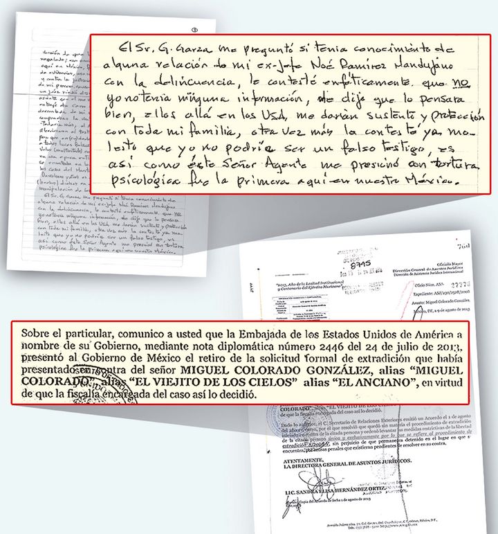 Caso. Una carta enviada por Miguel Colorado, en la que acusa intimidación de agentes de EU; abajo, desistimiento del gobierno estadounidense para extraditarlo.