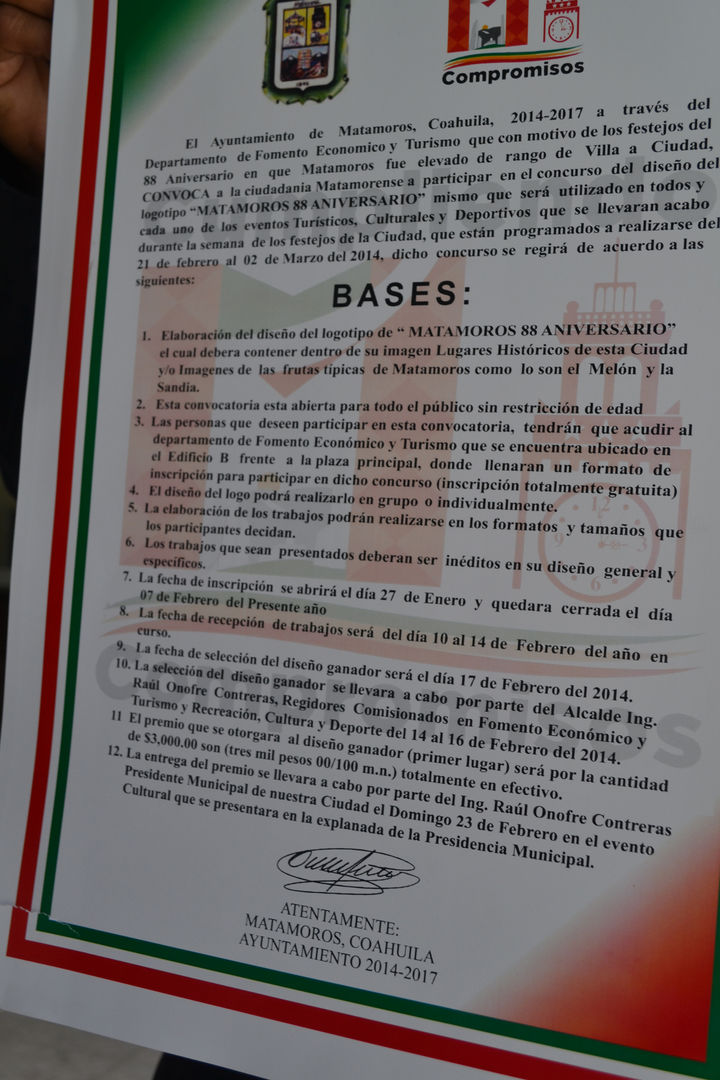 Concurso. Invitan a diseñar el logotipo del 88 aniversario de Matamoros, el ganador se llevará tres mil pesos en efectivo. 