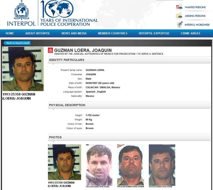 En la página oficial de Interpol aún está vigente la ficha de búsqueda de 'El Chapo' Guzmán con seis fotografías del capo, que le fueron tomadas en 1993 cuando ingresó por primera vez a un penal federal.  (Especial)