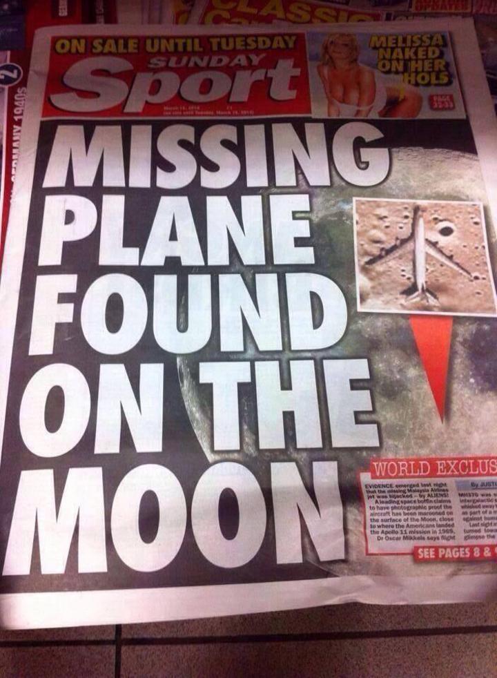 La portada del Sunday Sport que asegura que el vuelo 370 fue encontrado en la Luna. (Twitter)