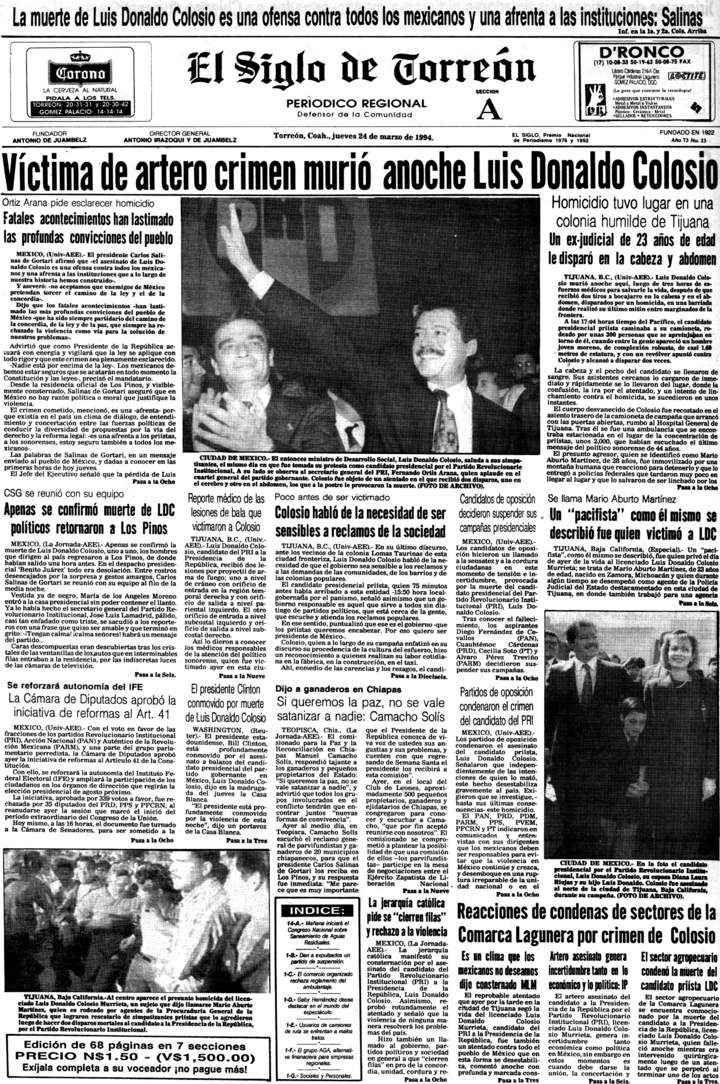 Publicación. Así publicó El Siglo de Torreón la muerte de Luis Donaldo Colosio, el 24 de marzo de 1994