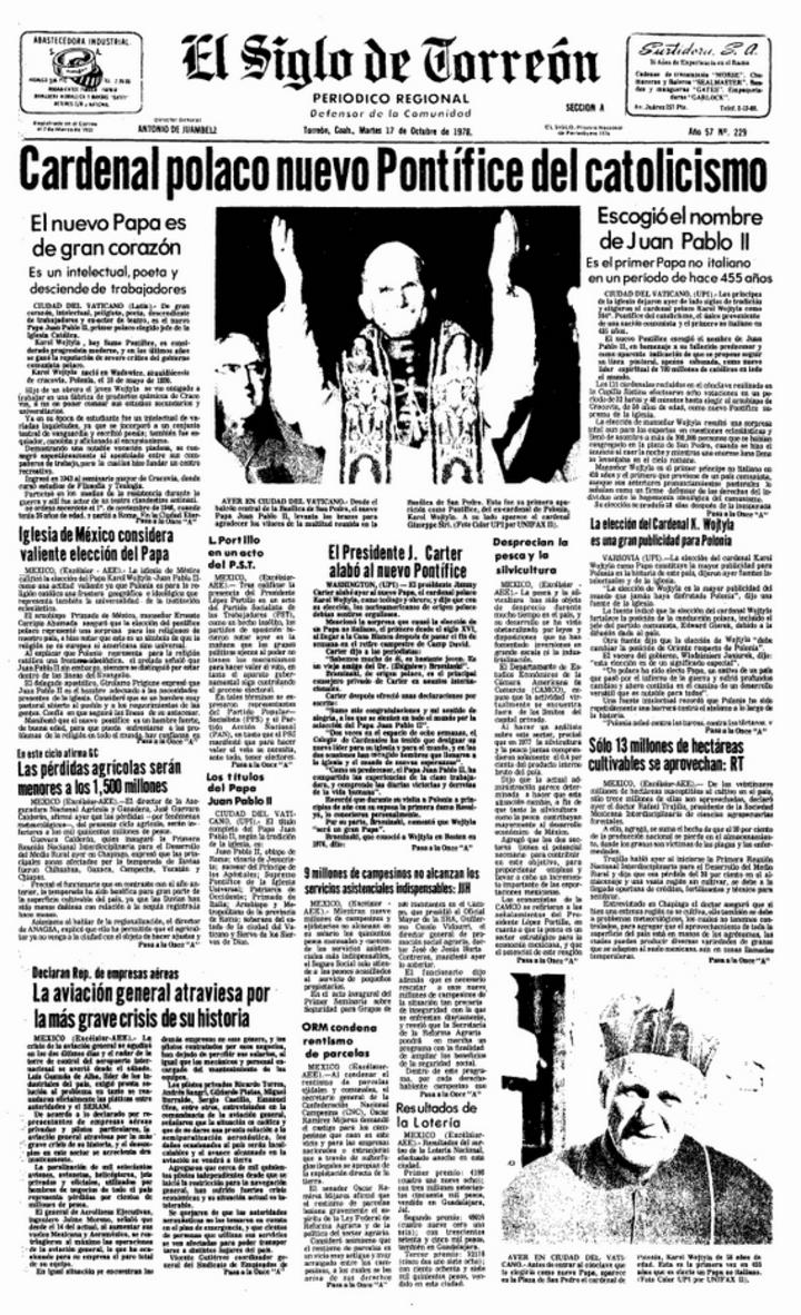 Cómo se publicó. En la imagen aparece la portada de cómo se publicó en El Siglo de Torreón el nombramiento como Papa de San Juan Pablo II.
