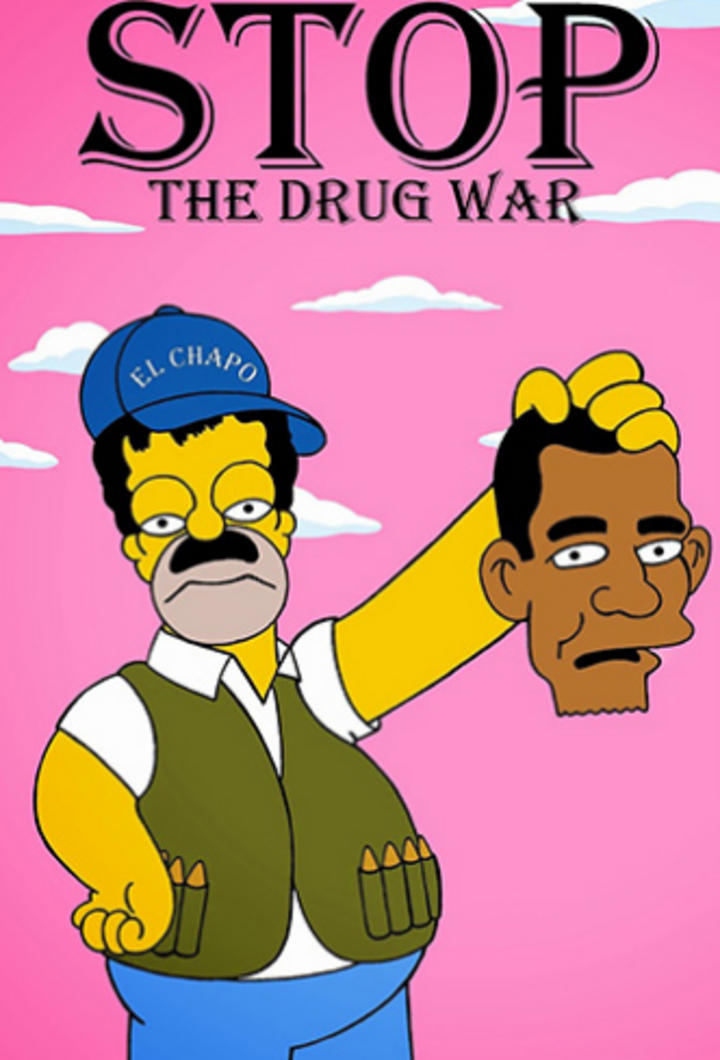 El artista y activista Alexsandro Palombo mostró a Homero Simpson como los narcotraficantes y Joaquín 'El Chapo' Guzmán y Pablo Escobar. (Internet) 
