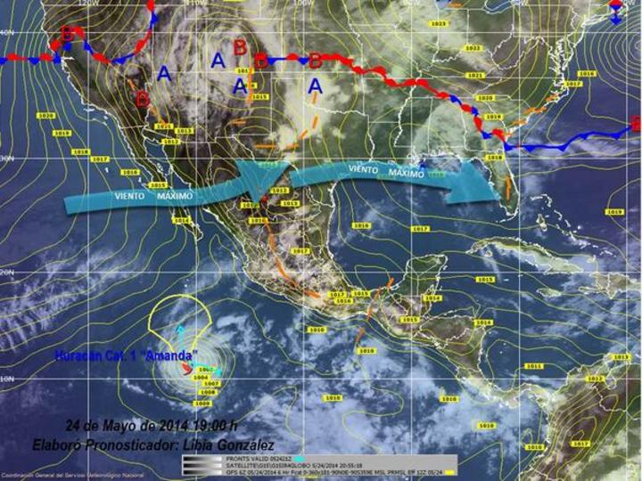 El huracán 'Amanda' del Océano Pacífico se localizaría al mediodía de este domingo a unos mil 70 kilómetros al suroeste de Manzanillo, Colima, como huracán categoría 2. (Twitter)