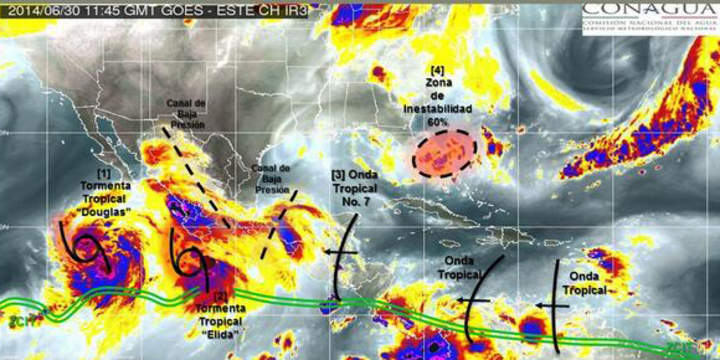 En la actualidad hay dos tormentas tropicales al mismo tiempo en el Pacífico: “Douglas” y “Elida”. (Conagua)