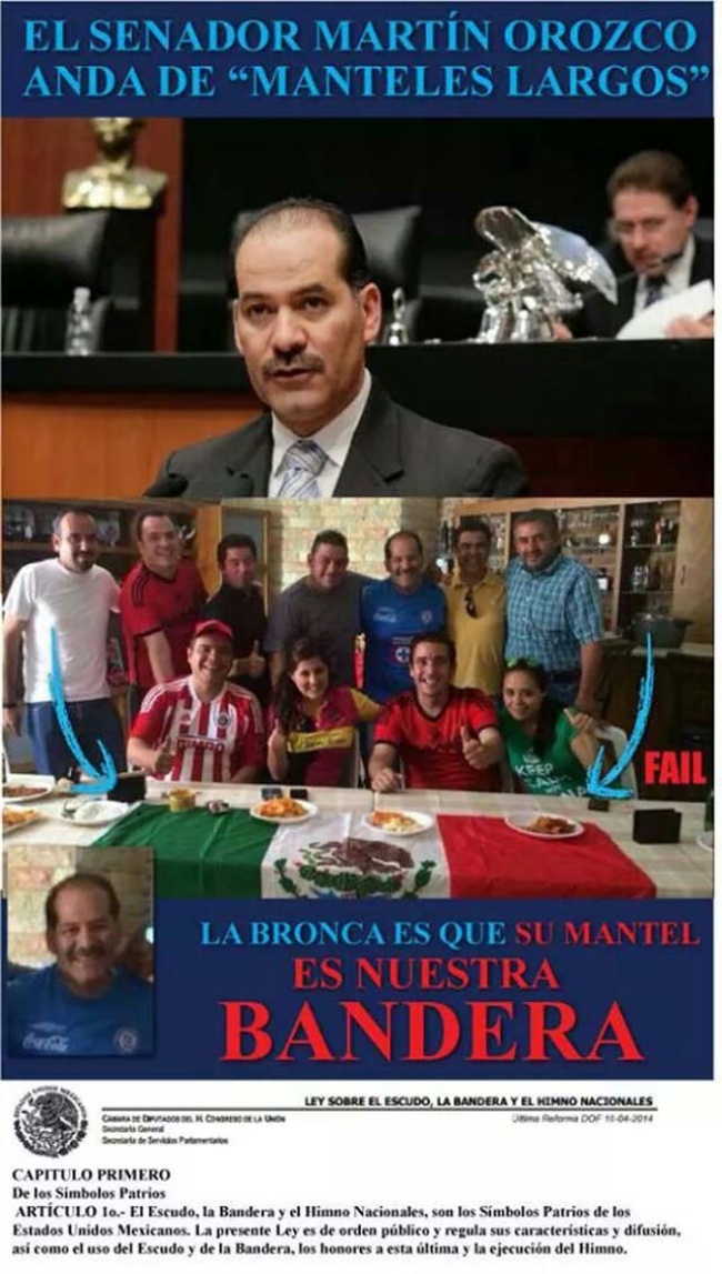 Denuncian a senador que uso bandera de México como mantel