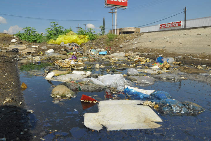 Olores fétidos emanan del agua estancada en el periférico en Torreón, a la altura de la Colonia El Roble, hay decenas de bolsas de basura.