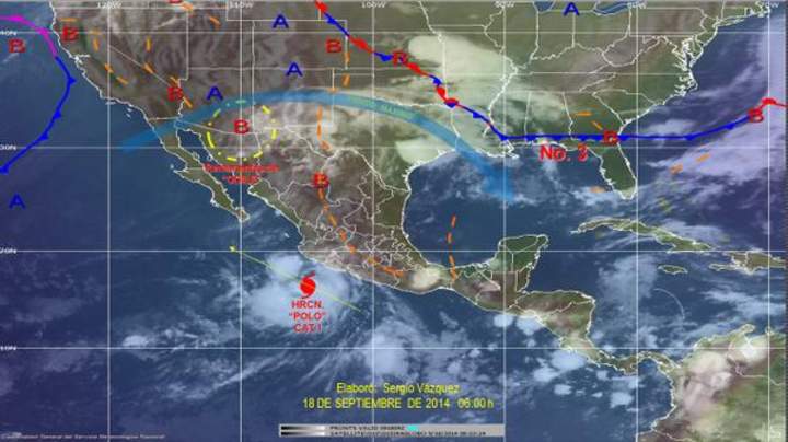 'Polo' registra vientos máximos de 120 kilómetros por hora y rachas de hasta 150 kilómetros por hora, lo que generará precipitaciones intensas en Nayarit, Jalisco y Colima para las próximas horas. (Conagua)
