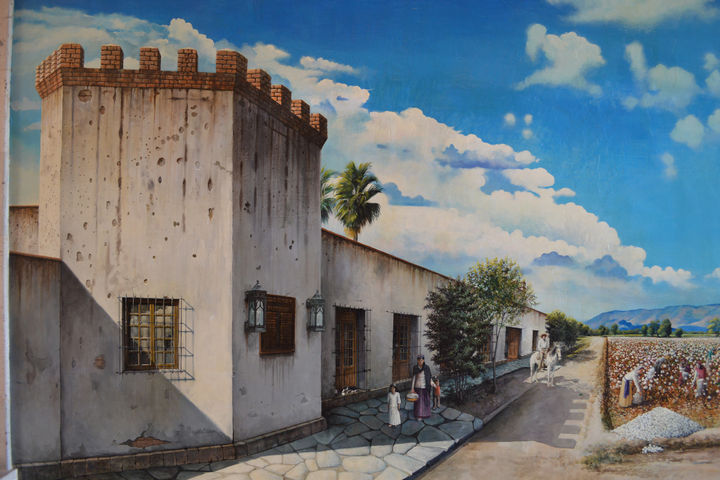 El arte y la historia. El artista lagunero Gerardo Beuchot realizó un mural sobre la vida en el Rancho del Torreón, la obra se muestra en el Museo del Algodón.
