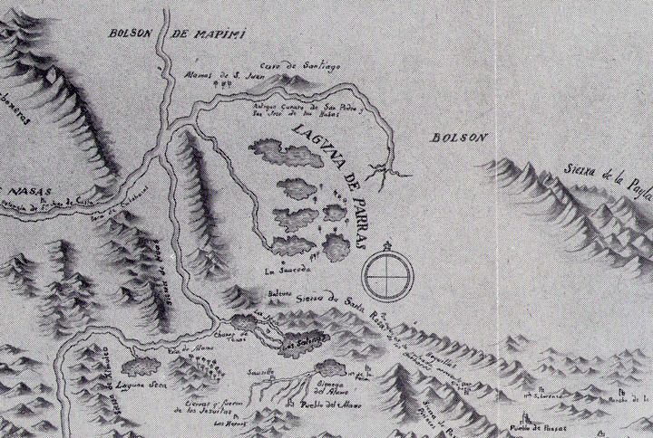 Fragmento del mapa de Melchor Núñez de Esquivel de la región de La Laguna. 1787. Al centro del mismo, el sitio denominado La Sauceda. (En Contreras Palacios… Antecedentes…).