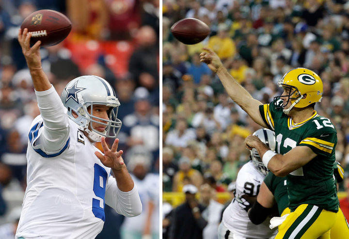 Tony Romo (i), de los Vaqueros de Dallas, tratará de meterse a la final de la Conferencia Nacional cuando hoy se enfrente a Aaron Rodgers, mariscal de campo de Empacadores de Green Bay. (AP)