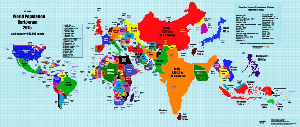 Existe en línea un cartograma que muestra cómo se vería un mapa del mundo si los tamaños de los países se vieran en términos de su población total y no en cuanto a su espacio territorial. (ESPECIAL)