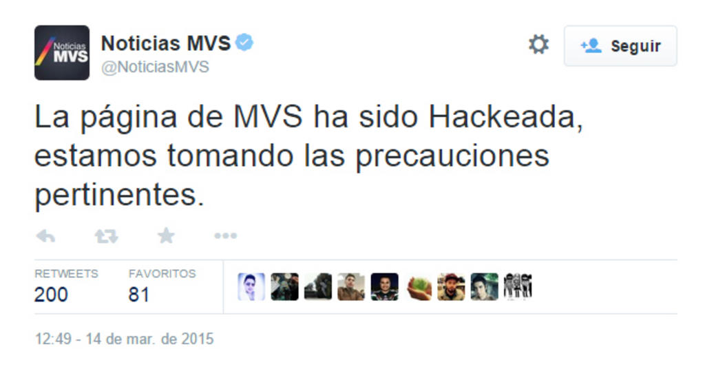 “La página de MVS ha sido Hackeada, estamos tomando las precauciones pertinentes”, señaló la empresa a través de Twitter.