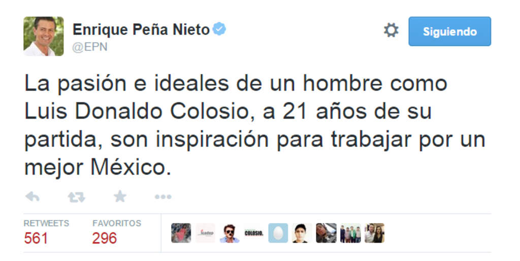 Peña Nieto recordó a Colosio en su cuenta de Twitter. 